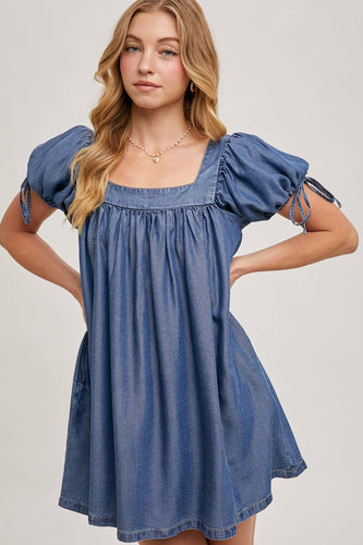 Denim Square Neck Babydoll Dress w/ Pockets