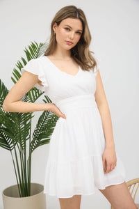 V NECK SHORT SLEEVE RUFFLE DETAIL SHIRRED MINI DRE: PINK