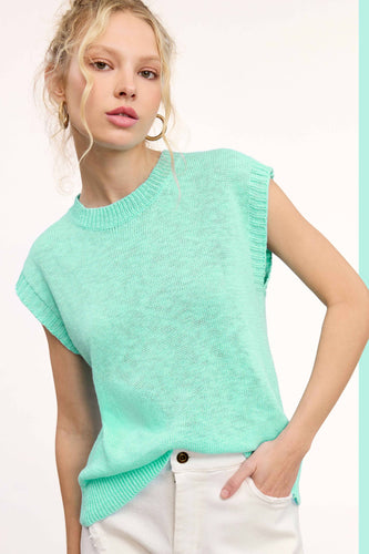 Loose Fit Sleeveless Ribbed Knit Crew Neck Top