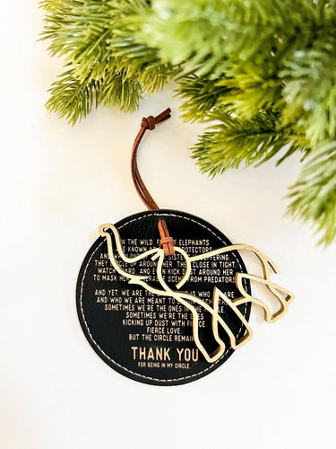 Unbreakable Circle of Sisterhood Leather and Wood Ornament: Black Leather + Gold + Gold Wooden Elephant