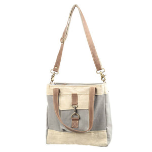 Grey And Cream Mixed Fabric Canvas Crossbody Bag