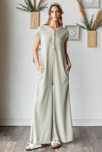 Waffle Knit Henley Short Sleeve Wide Leg Jumpsuit