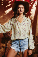 Smoked Stand Collar Floral Print Blouse