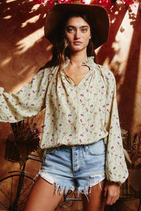 Smoked Stand Collar Floral Print Blouse