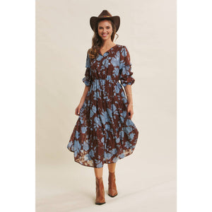 Dreamy Jacquard Floral Midi Dress w/ Statement Sleave