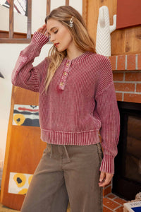 Washed Henley Chunky Knit Sweater