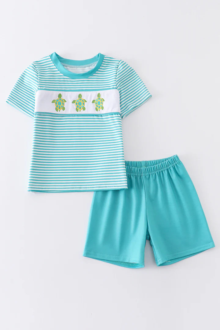 Green Striped Turtle Embroidery Boys Set