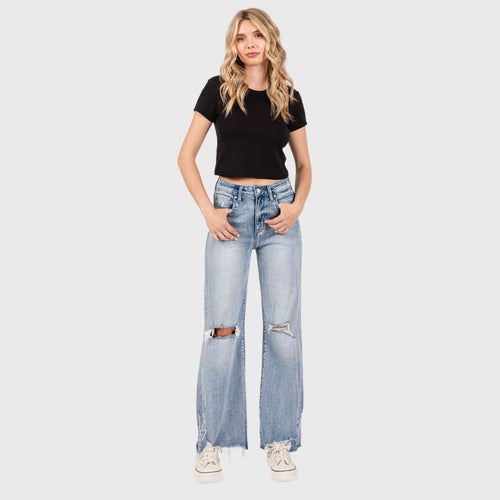 DISTRESSED HIGH RISE COMFORT VINTAGE FLARE JEANS