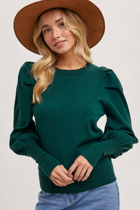 Bubble Sleeved Sweater Knit Top - Green