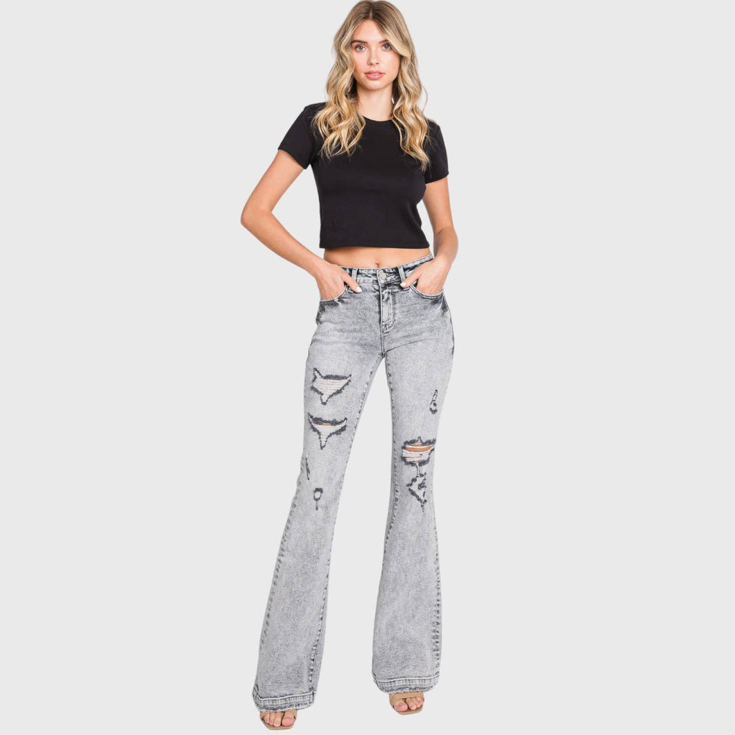 Petra153 Destroyed Mid Rise Stretch Flare w/ Trouser Hem