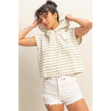 DZ25C099-Striped Short Sleeve Pullover Hoodie Top: BLACK/CREAM / S-M-L(2-2-2)