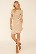 Ribbed Knit Short Sleeve Cutout Mini Sweater Dress (Beige)