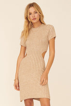 Ribbed Knit Short Sleeve Cutout Mini Sweater Dress (Beige)