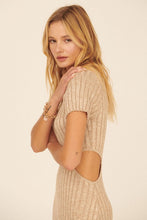 Ribbed Knit Short Sleeve Cutout Mini Sweater Dress (Beige)