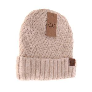 Fuzzy Lined Crisscross Knit C.C Beanie: Beige