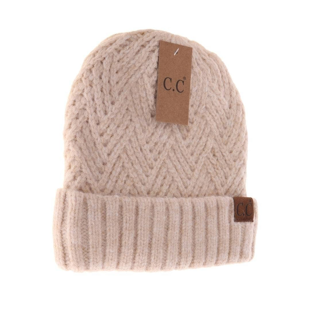Fuzzy Lined Crisscross Knit C.C Beanie: Beige