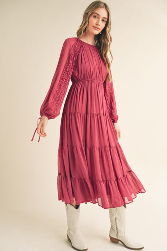 Tiered Ruffle Sleeve Midi Dress