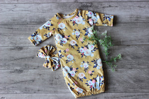 Infant Girls Mustard Baby Gown and Bow Headband