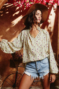Smoked Stand Collar Floral Print Blouse