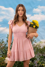 V NECK SHORT SLEEVE RUFFLE DETAIL SHIRRED MINI DRE: PINK