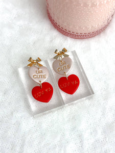 Conversation Heart Drop Earrings: Ur Cute / Luv Ya