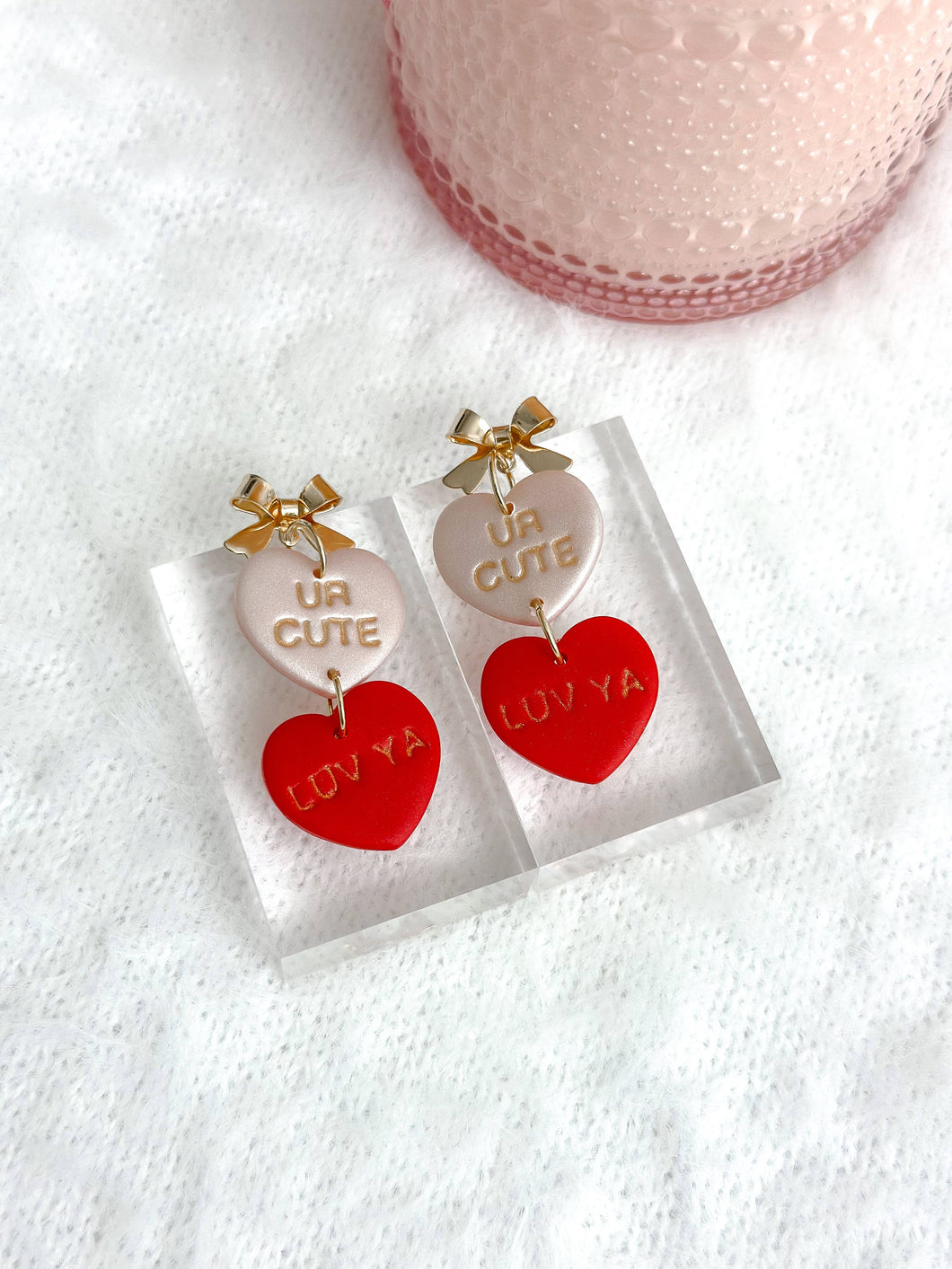 Conversation Heart Drop Earrings: Ur Cute / Luv Ya