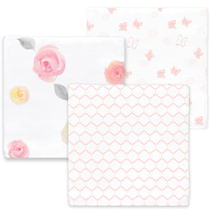 Muslin Swaddle Blankets (Set of 3), Watercolor Roses