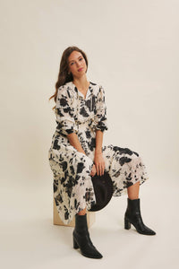 Dreamy Jacquard Floral Midi Dress w/ Statement Sleave