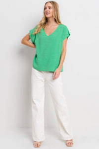 Solid Linen V-neck Short Sleeve Top