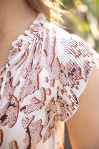 Pleated Ruffle Sleeve Tiered Midi Printed Dress
