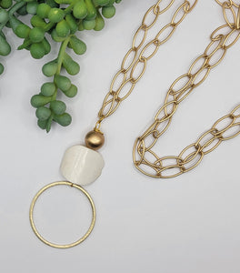 TPJ Long Gold Link Necklace with Ivory Stone Pendant