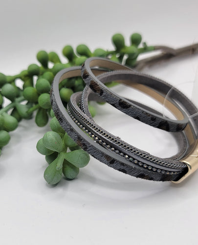 Golden Stella Dark Grey Leopard Leather Wrap Bracelet