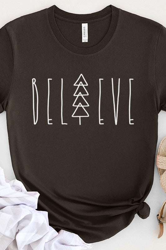 Christmas Believe Tree Short Sleeves Holiday Graphic Tee - GREEN