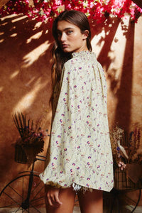 Smoked Stand Collar Floral Print Blouse