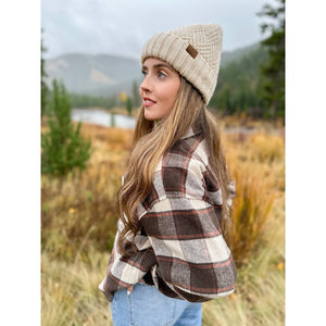Fuzzy Lined Crisscross Knit C.C Beanie: Lt. Grey