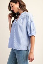 Striped Blouse with Quarter Length Bubble Sleeves