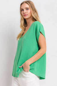 Solid Linen V-neck Short Sleeve Top