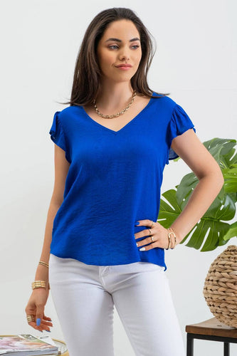 V NECK EYELET LACE BACK SHORT SLEEVE BLOUSE