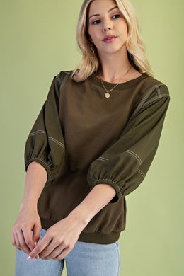 Mixed Fabric 3/4 Sleeve Top