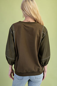 Mixed Fabric 3/4 Sleeve Top