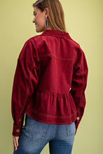 Corduroy Babydoll Style Button Up Jacket - Burgundy