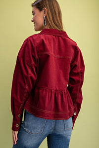 Corduroy Babydoll Style Button Up Jacket - Burgundy