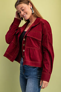 Corduroy Babydoll Style Button Up Jacket - Burgundy