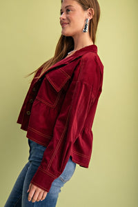 Corduroy Babydoll Style Button Up Jacket - Burgundy