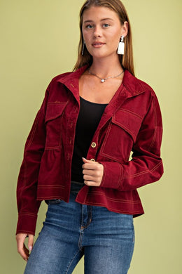 Corduroy Babydoll Style Button Up Jacket - Burgundy