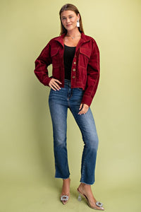 Corduroy Babydoll Style Button Up Jacket - Burgundy