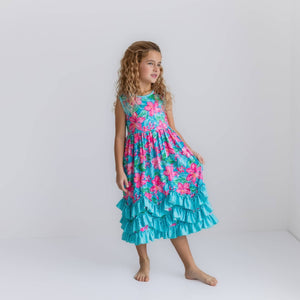 Kids Pink Blue Tropical 3 Ruffle Spring Summer Dress