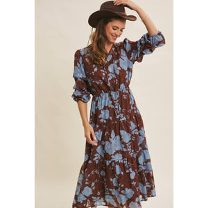 Dreamy Jacquard Floral Midi Dress w/ Statement Sleave