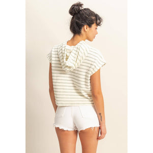 DZ25C099-Striped Short Sleeve Pullover Hoodie Top: BLACK/CREAM / S-M-L(2-2-2)