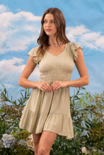 V NECK SHORT SLEEVE RUFFLE DETAIL SHIRRED MINI DRE: PINK